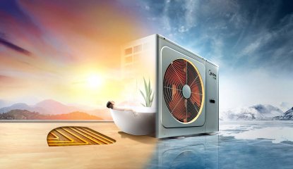 Warmtepomp tussen een warm en een koud landschap