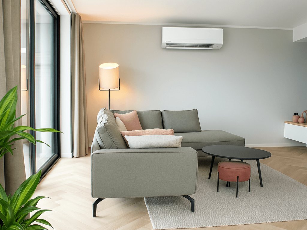 Lichte woonkamer met wandunit boven de bank